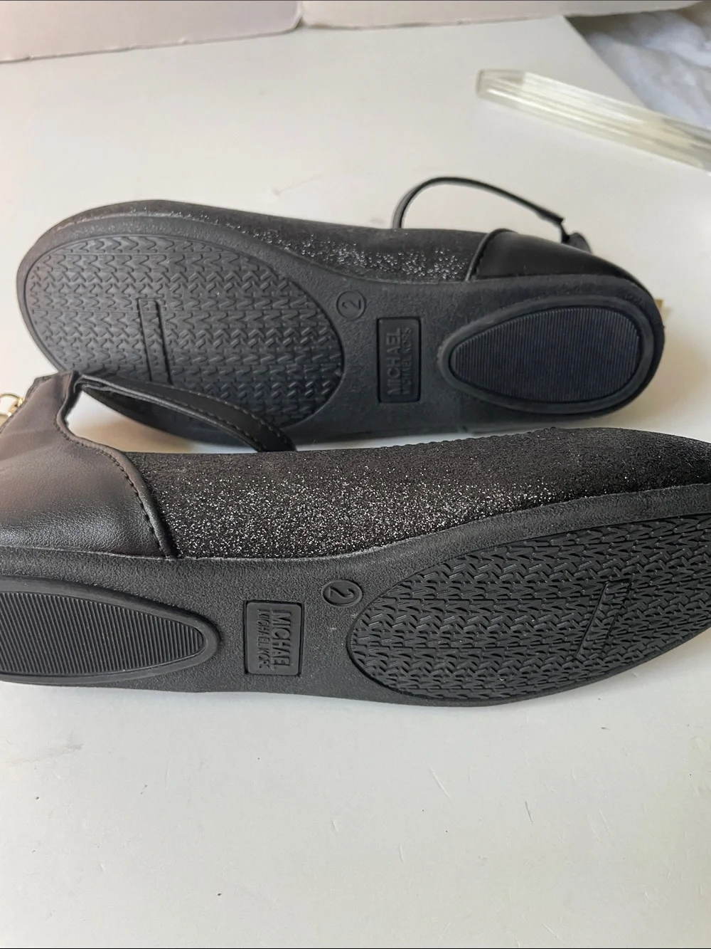 Michael Kors  Youth ( Big Girls ) Size 2 Black Glitter MK Logo Ankle-Strap Flats